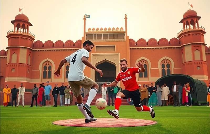 Jaipur Jaguars FIFA - Authentic Rajasthan Setting Jaipur Jaguars FIFA gameplay showing a match in front of Amber Fort with traditional Rajasthani spectators