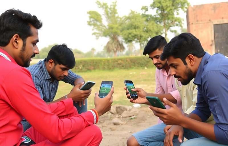 Jaipur Jaguars FIFA - Community Gaming in India Group of Indian friends playing Jaipur Jaguars FIFA together in a rural setting with smartphones